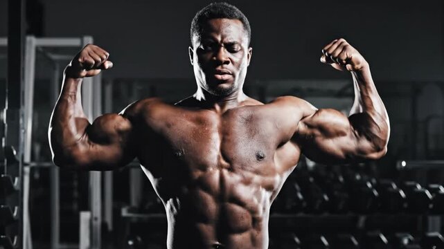 Muscular african american man flexing biceps in gym. Strong bodybuilder showing off impressive physique as an example of fitness and power.