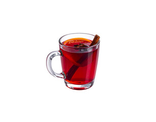 Christmas warm wine drink with hot spices and red fruits in glass, isolated on white background