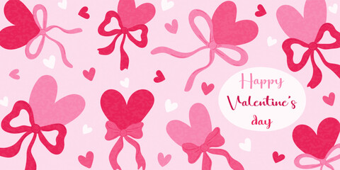 A pink background with hearts and ribbons is a festive design for a Valentine's Day greeting card. The concept of love and romance sets the holiday mood.
