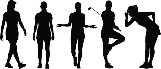 Female Golfers Silhouettes Set Diverse Poses Walking Standing Stretching Golf Club Sportswear Casual Attire Athletic Women Leisure Activity Outline Vector Graphic 