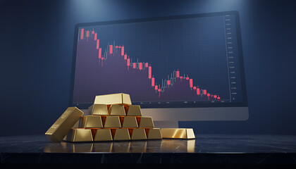 Gold bars and stock market decline on screen representing financial downturn