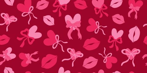 Seamless pattern with pink hearts, bows, and lips. Decorative background for Valentine's Day, wedding cards, romantic occasions, and sweet designs.