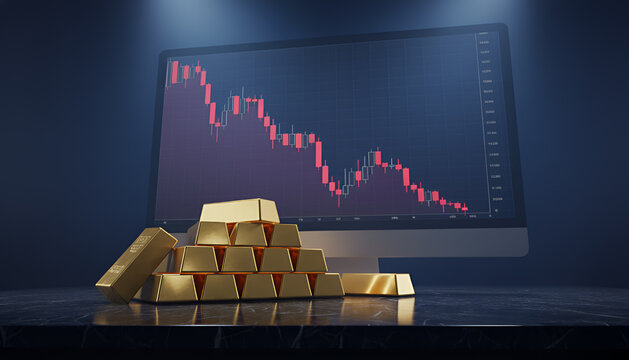 Gold bars and stock market decline on screen representing financial downturn - Powered by Adobe