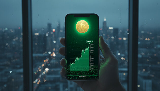 Track crypto prices with phone app in front of city view for financial growth