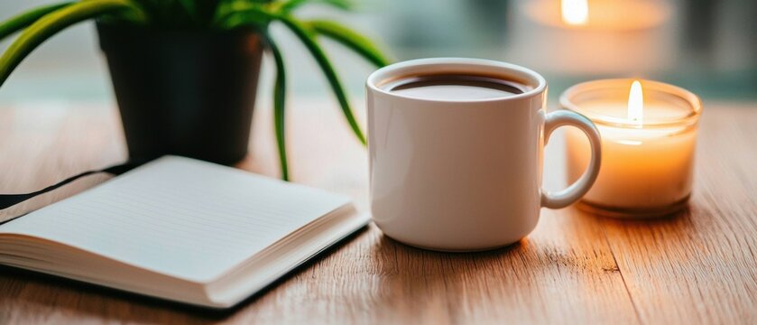 Cozy Hot Drink, Journal, and Lit Candle on Wooden Table