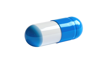 Capsule-shaped medication with blue, white and blue segments against black background