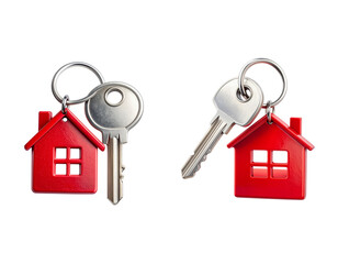 Real estate concept: 3D illustration of residential building symbol with metal house key, isolated on white background