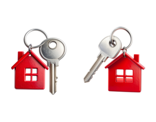 Real estate concept: 3D illustration of residential building symbol with metal house key, isolated on white background