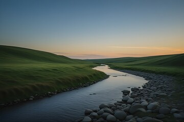 A Casual Peaceful River Landscape with Rolling Green Hills at Sunset