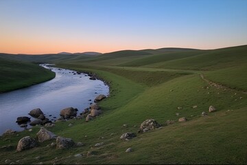 A Casual Peaceful River Landscape with Rolling Green Hills at Sunset