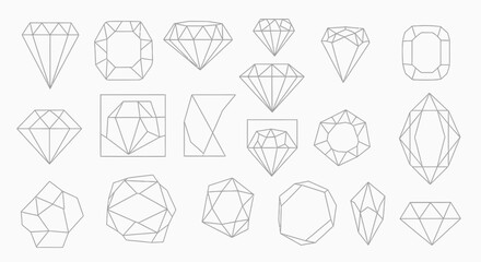Collection of geometrically precise diamond illustrations in varied linear outlines