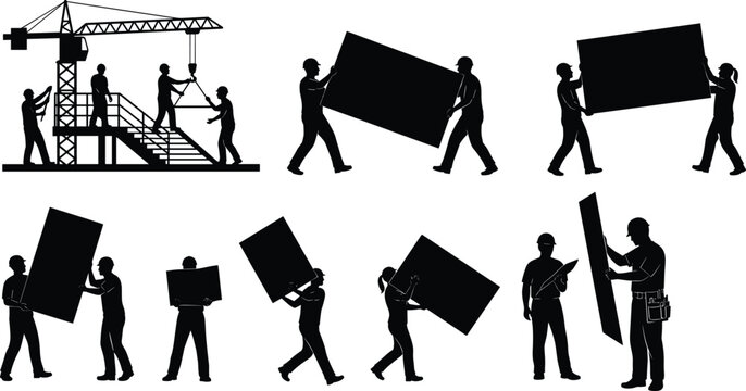 Professional Construction Workers Team Silhouette Vector Art Lifting and Carrying Building Materials on Active Site, Industrial Development, Teamwork, Labor, and Engineering Background Illustration