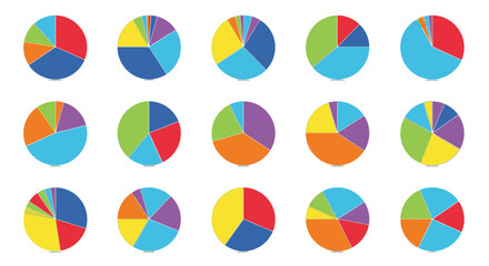 Diverse collection of colorful pie charts representing data analysis and trends