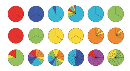 Diverse and Colorful Pie Chart Collection Depicting Varied Data Distributions
