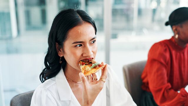 Business, woman and eating food in office for lunch break, hungry employee and takeaway. Female person, thinking and pizza meal, healthy nutrition and takeout with decision for wellness in workplace - Powered by Adobe