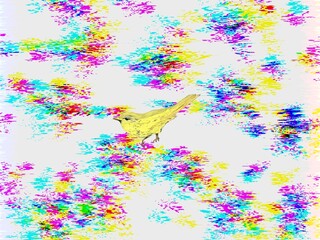 カラフルな色彩を背景にした黄色い鳥のイラスト