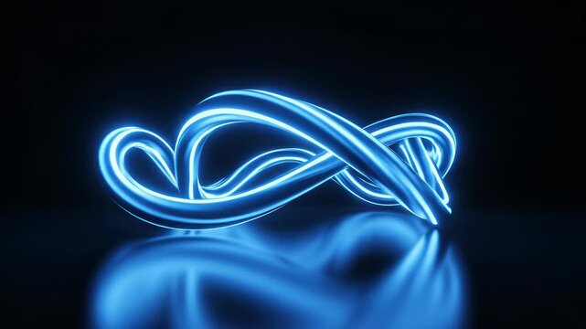 Neon heart shaped object with infinite sign and soft blue light glows on black surface, embodying limitless possibility and serendipitous discovery for innovative ideas and technological.