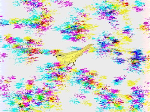 カラフルな色彩を背景にした黄色い鳥のイラスト