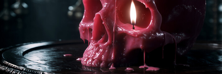 Extreme close-up, surreal photo of a scary pink human skull-shaped candle melting on a black reflective table. Template for a Halloween greeting card. Generative Ai.