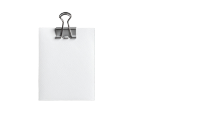 White paper held by a silver clip, against a black background, minimalist