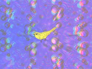 サイケデリックな空間にいる黄色い鳥のイラスト