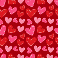 Seamless pattern with cute doodle hearts on a red background. Concept of love and romance for Valentine's Day. Graphic design element for wrapping paper.