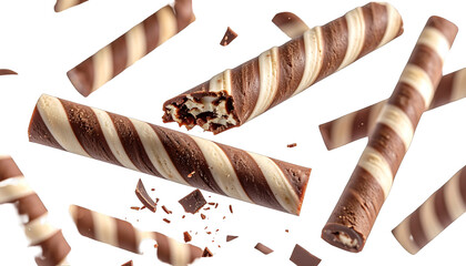 Swirled chocolate wafer sticks and fragments float against a black backdrop
