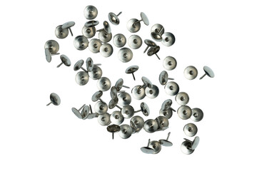 Scattered metallic push pins isolated on transparent background
