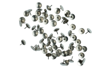Scattered metallic push pins isolated on transparent background
