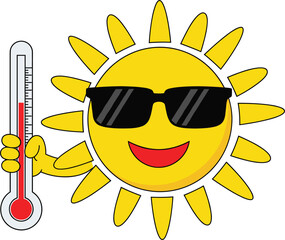 Cheerful Cartoon Sun Character Wearing Sunglasses and Holding a Thermometer, Representing Summer Heatwave, Hot Weather, Climate Change, High Temperature, and Vacation Fun