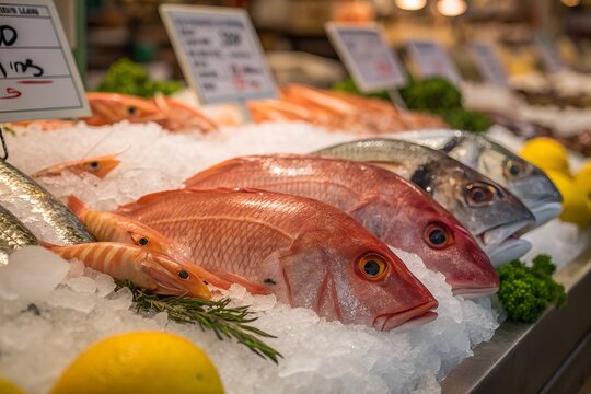 Freshly caught seafood display on ice at a vibrant market stall featuring red snapper shrimp and other ocean delicacies ready for sale to eager customers seeking quality ingredients