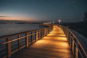 A wooden boardwalk illuminated by warm lights curves along the water s edge under a twilight sky with visible stars and a hint of sunset