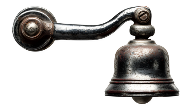 A vintage metal bicycle bell with a patina of age, attached to an unseen handlebar, ready to signal presence, isolated on a Transparent background