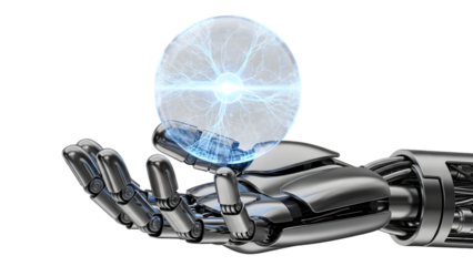 robotic hand holding a glowing AI hologram sphere, white background, ultra-realistic, technology concept, artificial intelligence innovation