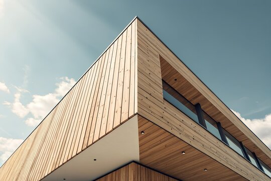 Modern architectural building with natural wood facade and geometric patterned cladding against a bright blue sky with scattered clouds