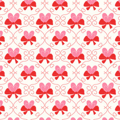An elegant pattern with a pink heart, a red bow, and swirls on a beige background. Seamless design for Valentine's Day, wedding invitations, textiles, and packaging.