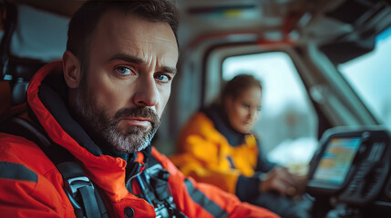 emergency medical team working inside ambulance, concept of urgent healthcare, first aid and life saving treatment, stock photo style