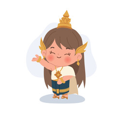 A cute Thai girl illustrated in traditional costume, shown in a smiling pose.