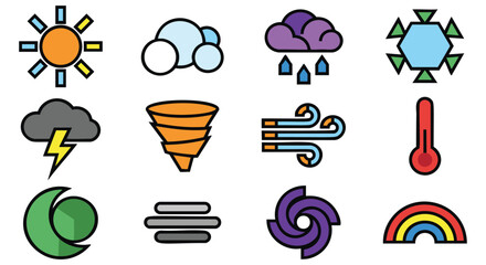 Naklejka premium Colorful weather icon set symbolizing sun, clouds, rain, tornado, wind, temperature and rainbow