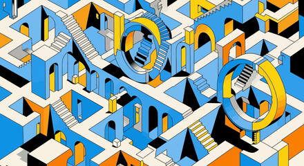 Isometric perspective of an impossible geometric structure creating a maze