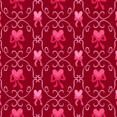 A pattern of pink hearts and bows on a red background. Seamless romantic ornament for wrapping paper, fabric, and Valentine's Day decorations.
