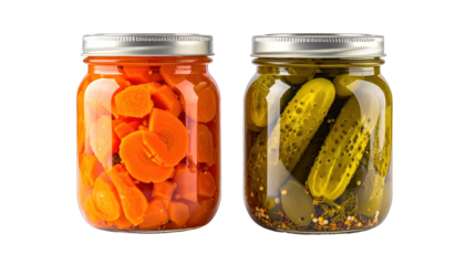 Two glass jars, one filled with carrots, the other with pickles, on a black background