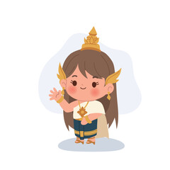 An adorable Asian girl in classic Thai dress waving warmly