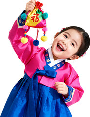 밝게웃는분홍한복소녀와복주머니