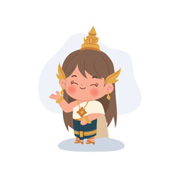 a cute thai chibi girl wearing traditional costume and gold accessories, shown greeting in a cheerful pose