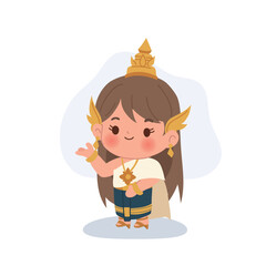 A cute chibi Thai girl wearing a traditional costume and gold accessories shown in a friendly greeting pose
