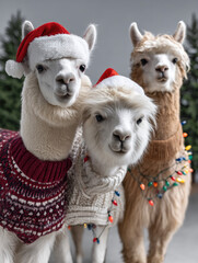 Naklejka premium Group of alpacas wearing festive sweaters and Santa hats, decorated with holiday lights, standing indoors with pine trees, joyful mood