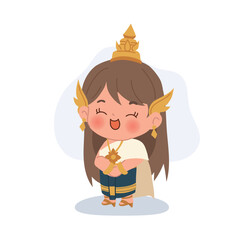 Cute thai chibi girl wearing traditional outfit with golden headpiece perfect for thailand culture education and festival design