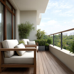 Obraz premium Minimalist balcony with wooden floor, modern armchair, green plant, city view, and bright sky creates peaceful outdoor retreat