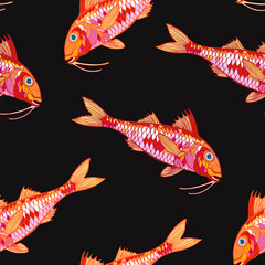 Red mullet. Stylish seamless pattern with cute sea fish on black. Vector. Perfect for design templates, wallpaper, wrapping, fabric, print and textile. 